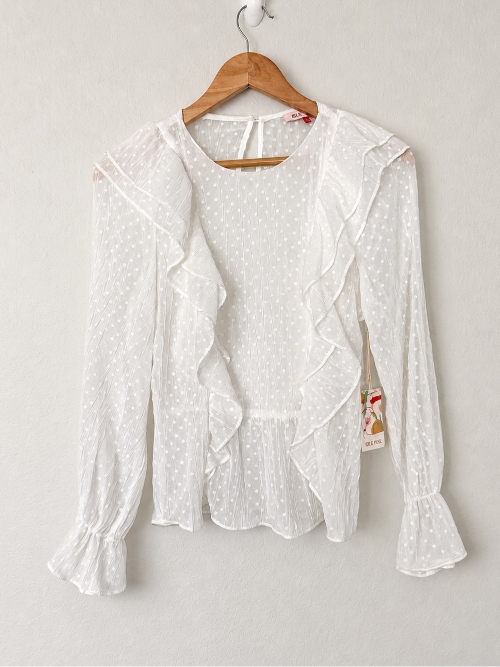 NWT Mele E Pere Ruffled Swiss-Dot White Blouse with Long Sleeves